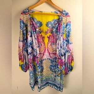 Roberto Cavalli EUC Silk Printed Tunic Sheer Top Birds Butterfly Size 42 Italy